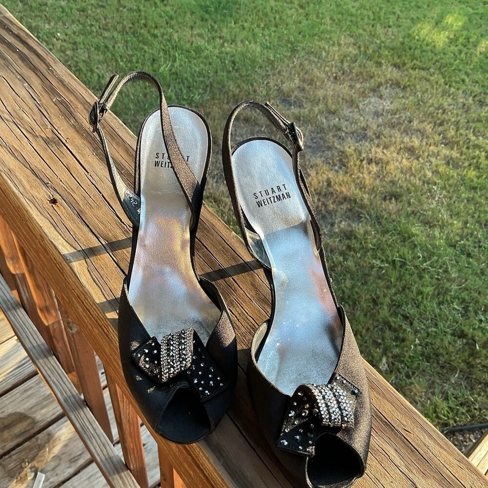 Stuart Weitzman Women’s Black Size 9M Satin Slingback Heels Peep Toe‎ Formal